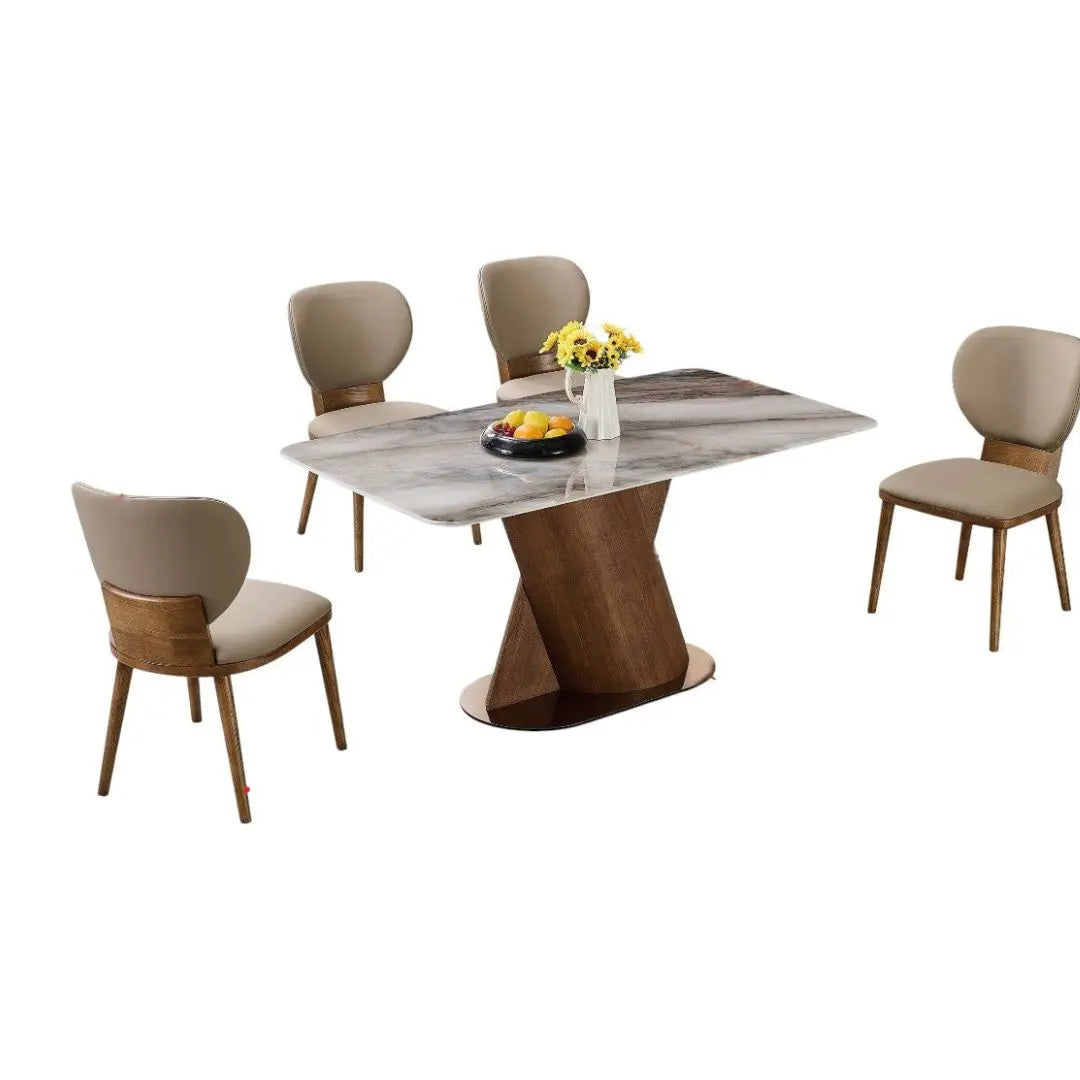 Elegant Marble Dining Table Set with Ash Wood Base & Leather Chairs 1+4 Grandeur Furnishings