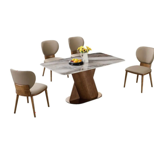 Elegant Marble Dining Table Set with Ash Wood Base & Leather Chairs 1+4 Grandeur Furnishings