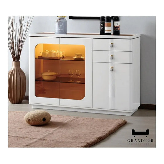 Side Cabinet with LED Lighting & Tempered Glass  Glossy White Finish Sleek Storage Solution Grandeur Furnishings