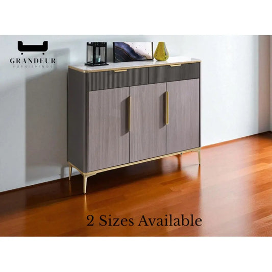 Modern Matt Shoe Cabinet with Sintered Stone Top and Sleek Golden Handles Grandeur Furnishings