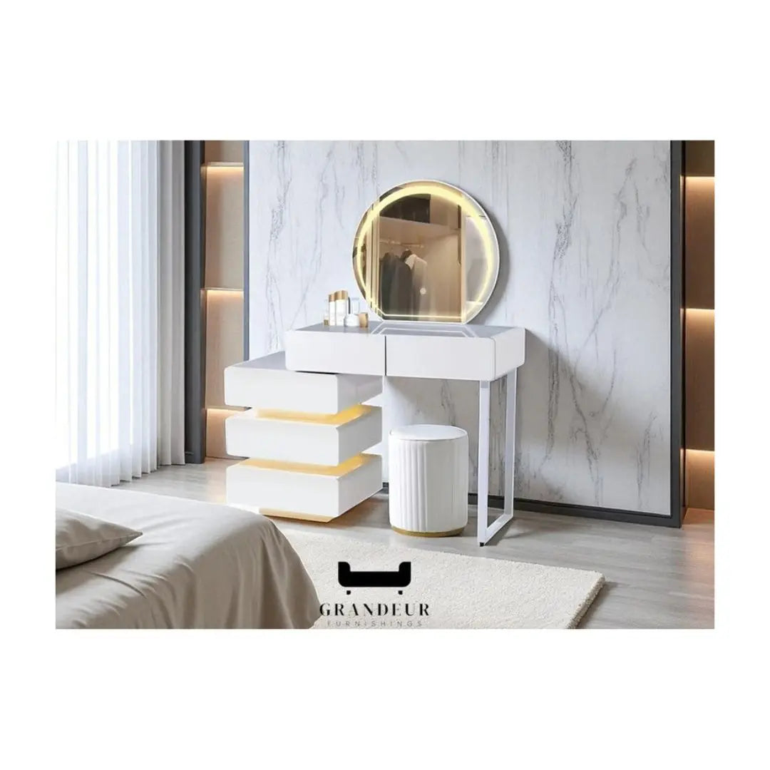 Sleek Modern Vanity Desk with LED Lights Dressing Table Set Grandeur Furnishings