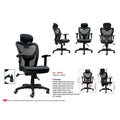 Black mesh office chair with headrest and armrests, shown from several angles with features and dimensions