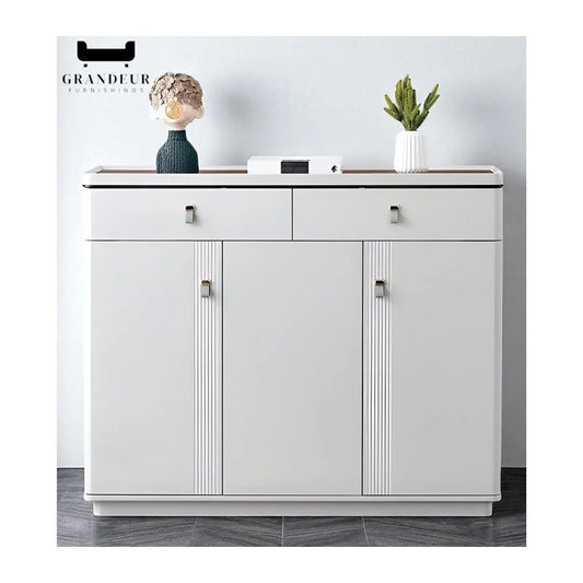 Glossy Shoe Cabinet with Glass Top Grandeur Furnishings