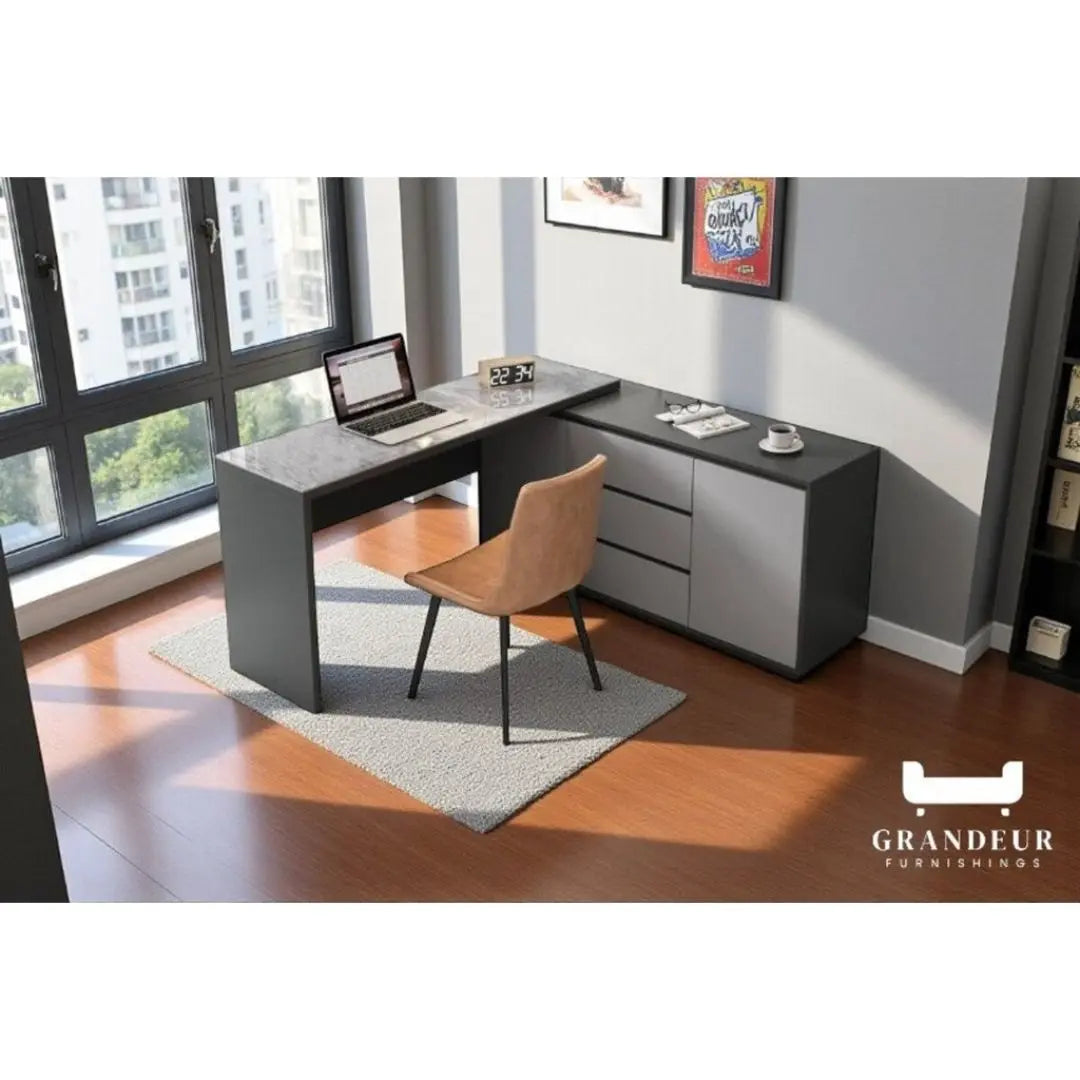 Modern L-Shaped Study Office Desk Table with Storage Grandeur Furnishings
