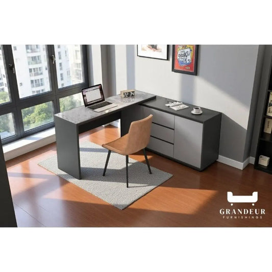 Modern L-Shaped Study Office Desk Table with Storage Grandeur Furnishings