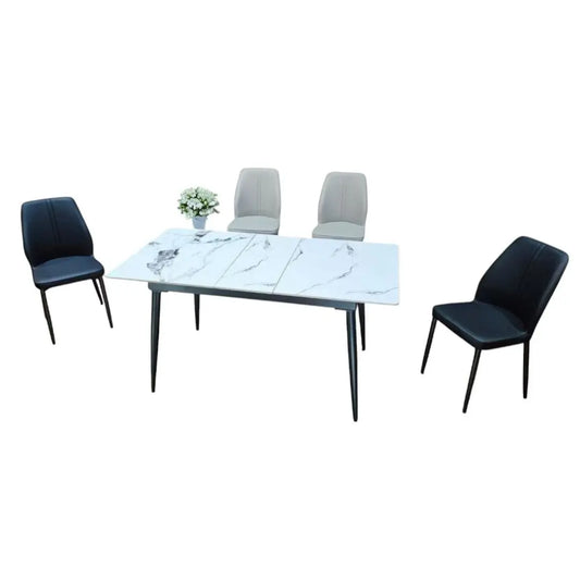 Extendable Sintered Stone Dining Table Set with Black or Beige Chairs 1+4 Grandeur Furnishings