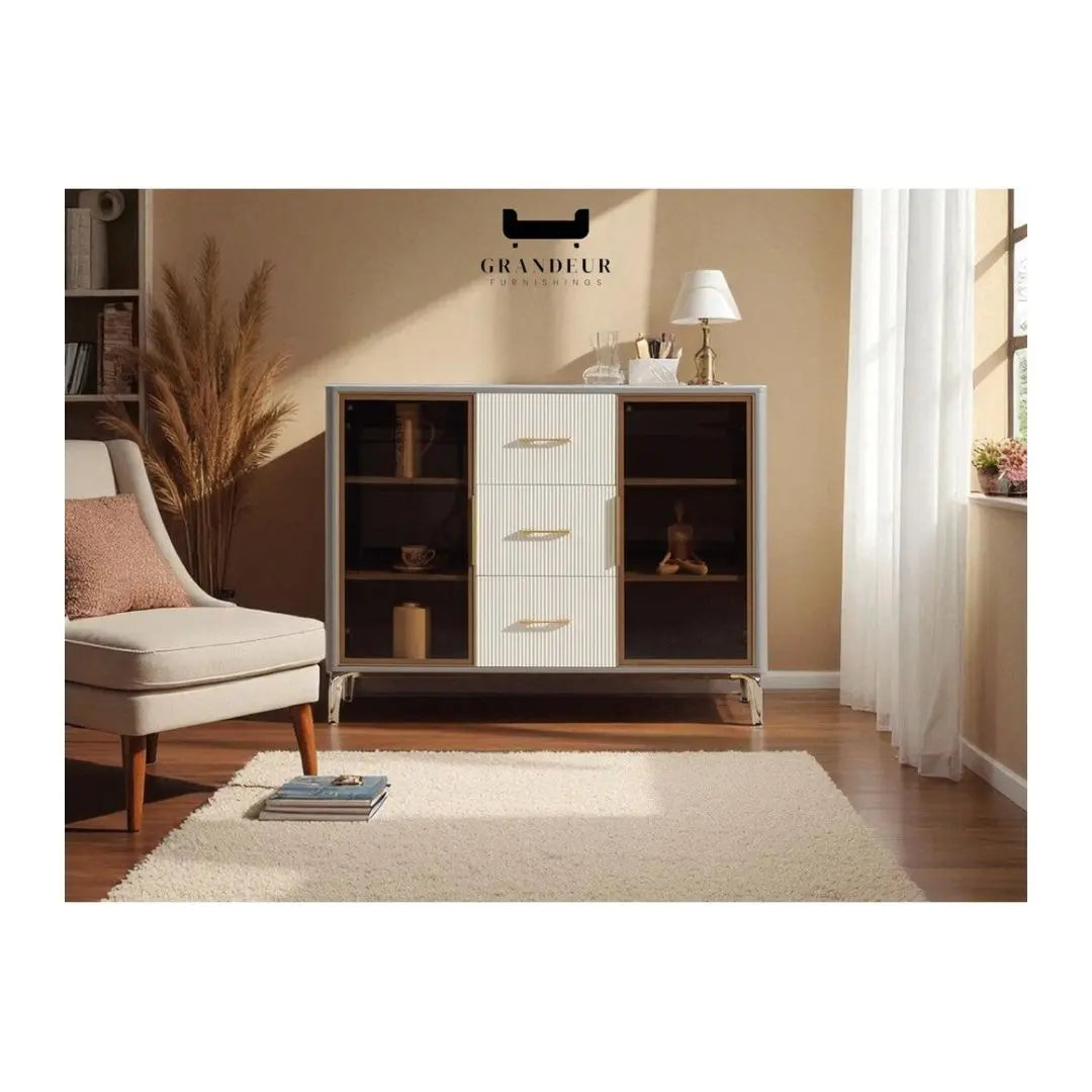 Contemporary Glass Side Cabinet with Elegant Storage Solution and Sintered Stone Top Grandeur Furnishings