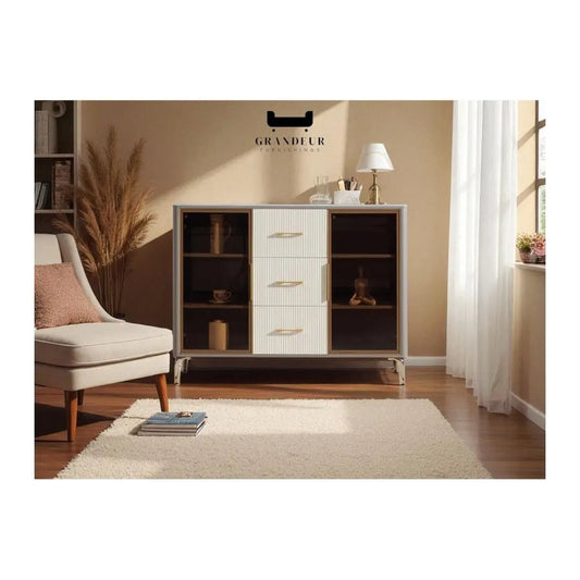 Contemporary Glass Side Cabinet with Elegant Storage Solution and Sintered Stone Top Grandeur Furnishings