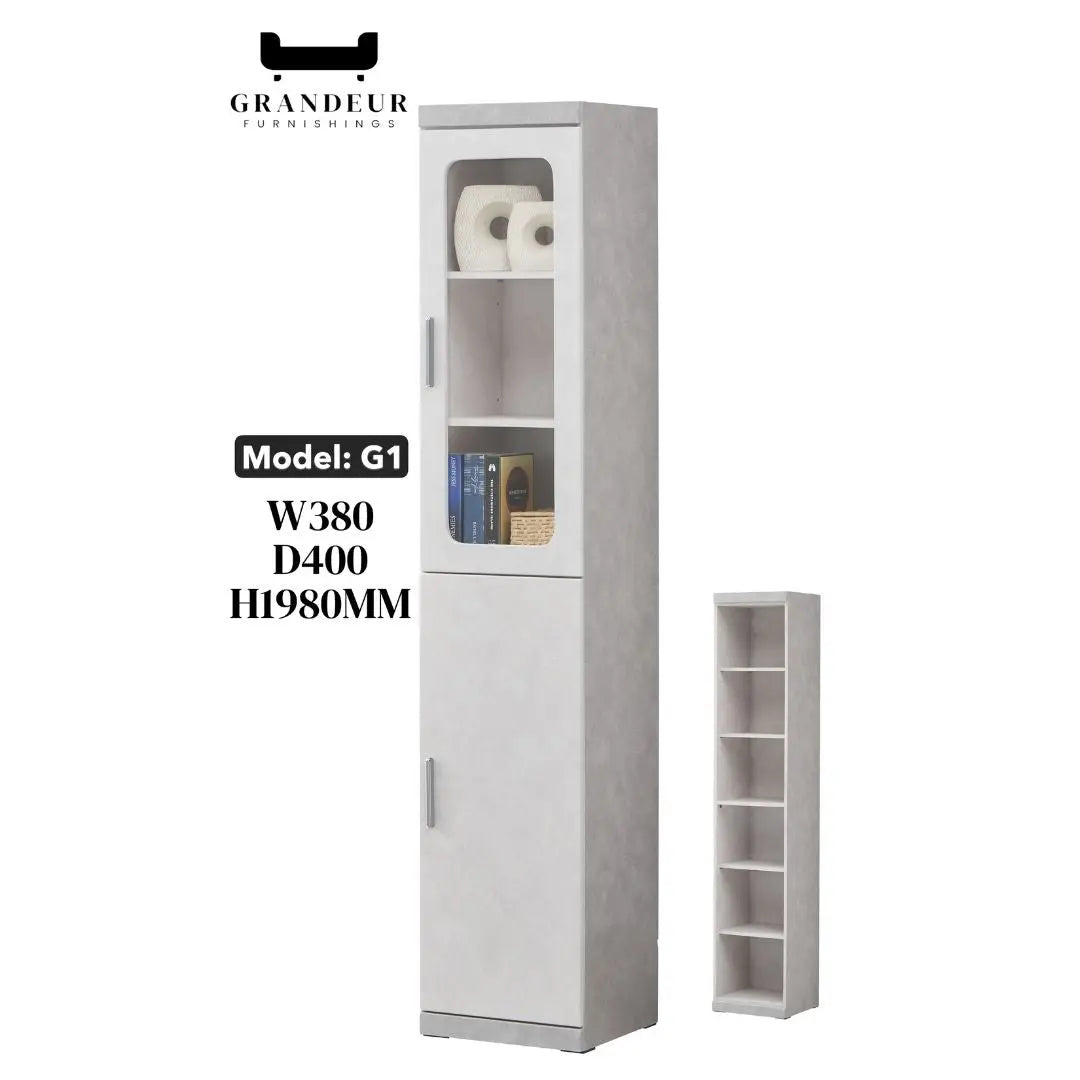 Elegant Light Grey Bookcase Display Cabinet with Glass Doors, Drawers & Shelves Grandeur Furnishings