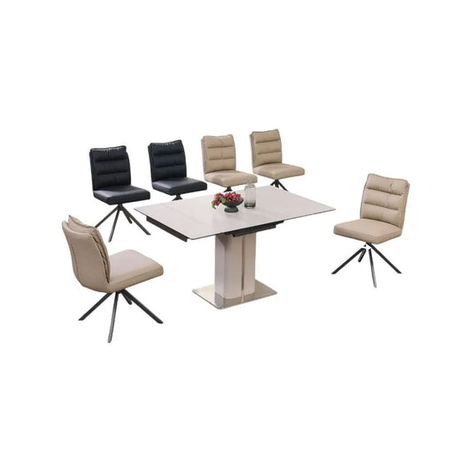 Contemporary Extendable Sintered Stone Top Dining Table Set with 180° Swivel Chairs 1+6 Grandeur Furnishings