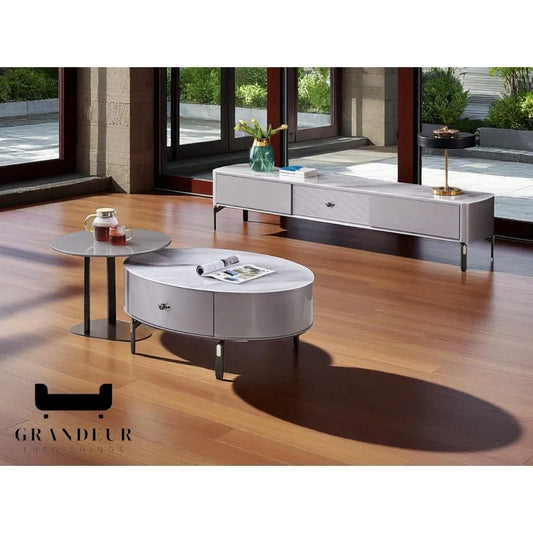 Glass-Top TV Console & Coffee Table Set Grandeur Furnishings