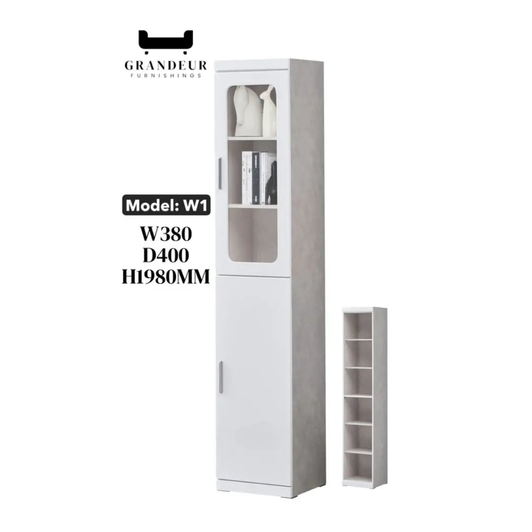 Multi-Storage Book Cabinet with Glass Doors & Drawers – White Finish Grandeur Furnishings