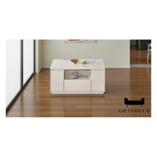 Modern Gloss Snow White Coffee Table with Off-White Storage Grandeur Furnishings