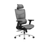 Grey mesh office chair with headrest and silver-coloured wheeled base