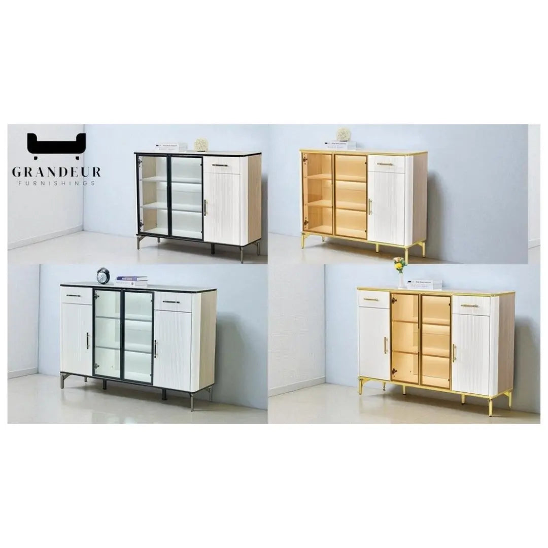 Elegant Side Cabinet with LED Lights & Sintered Stone Top – Modern Design with Glass Doors & Brass Accents Grandeur Furnishings