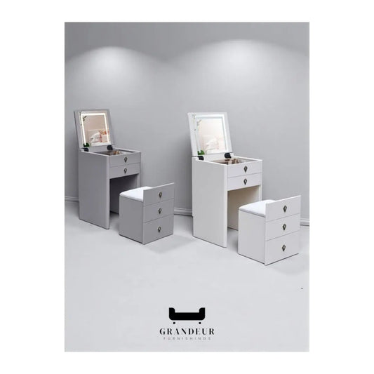 Space Saving Dressing Table Set with Soft-Close Mirror Top & Storage Stool Grandeur Furnishings