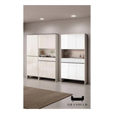 White-front shoe cabinets with contrasting brown sides in an entryway