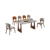 Stone-patterned dining table with broad wooden supports and six upholstered chairs
