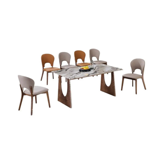 Luxury Marble Dining Table Set with Ash Wood Legs & Stylish PU Chairs 1+6 Grandeur Furnishings