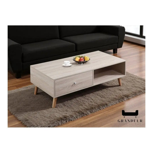 Modern Wooden Coffee Table with Storage Drawer and Open Shelf Grandeur Furnishings