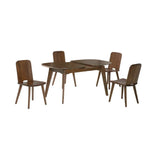 Rounded rectangular wood dining table with four chairs, angled view