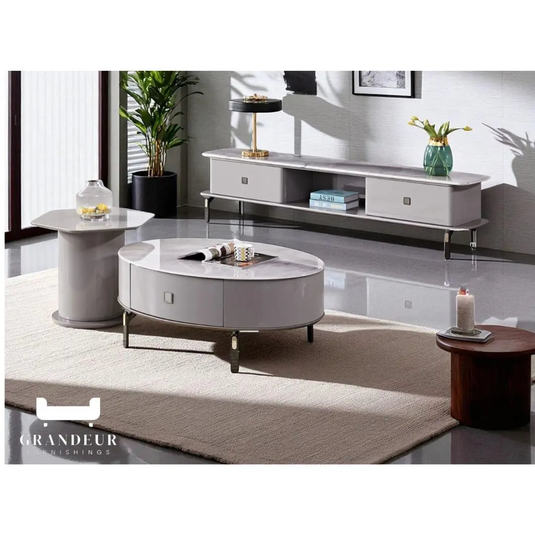 Elegant Grey Marble Coffee and TV Stand Set Grandeur Furnishings