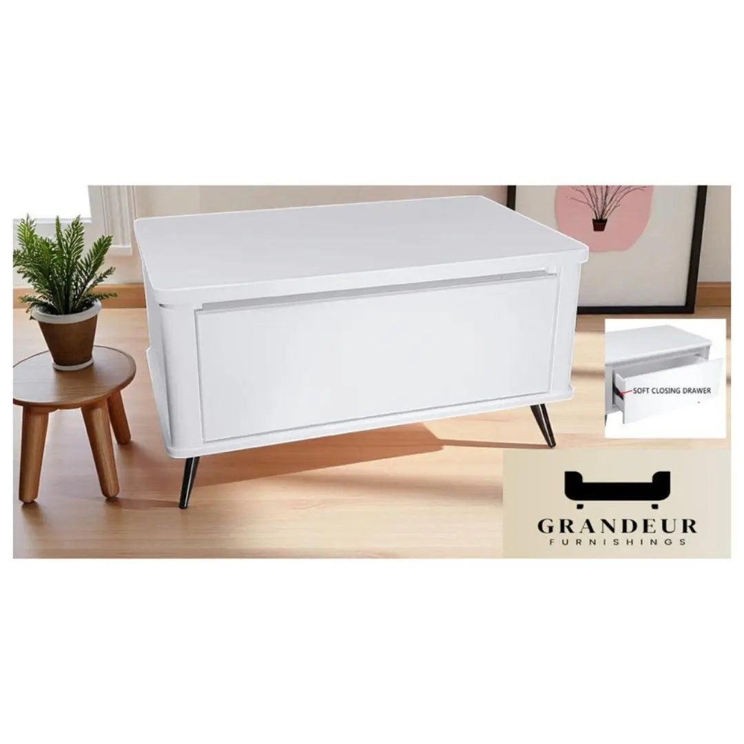 Modern White Coffee Table with Soft-Closing Drawer Grandeur Furnishings