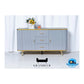 Stylish Blue Ribbed Side Cabinet with Gold Accents and Tempered Glass Top Grandeur Furnishings