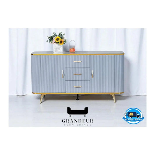Stylish Blue Ribbed Side Cabinet with Gold Accents and Tempered Glass Top Grandeur Furnishings