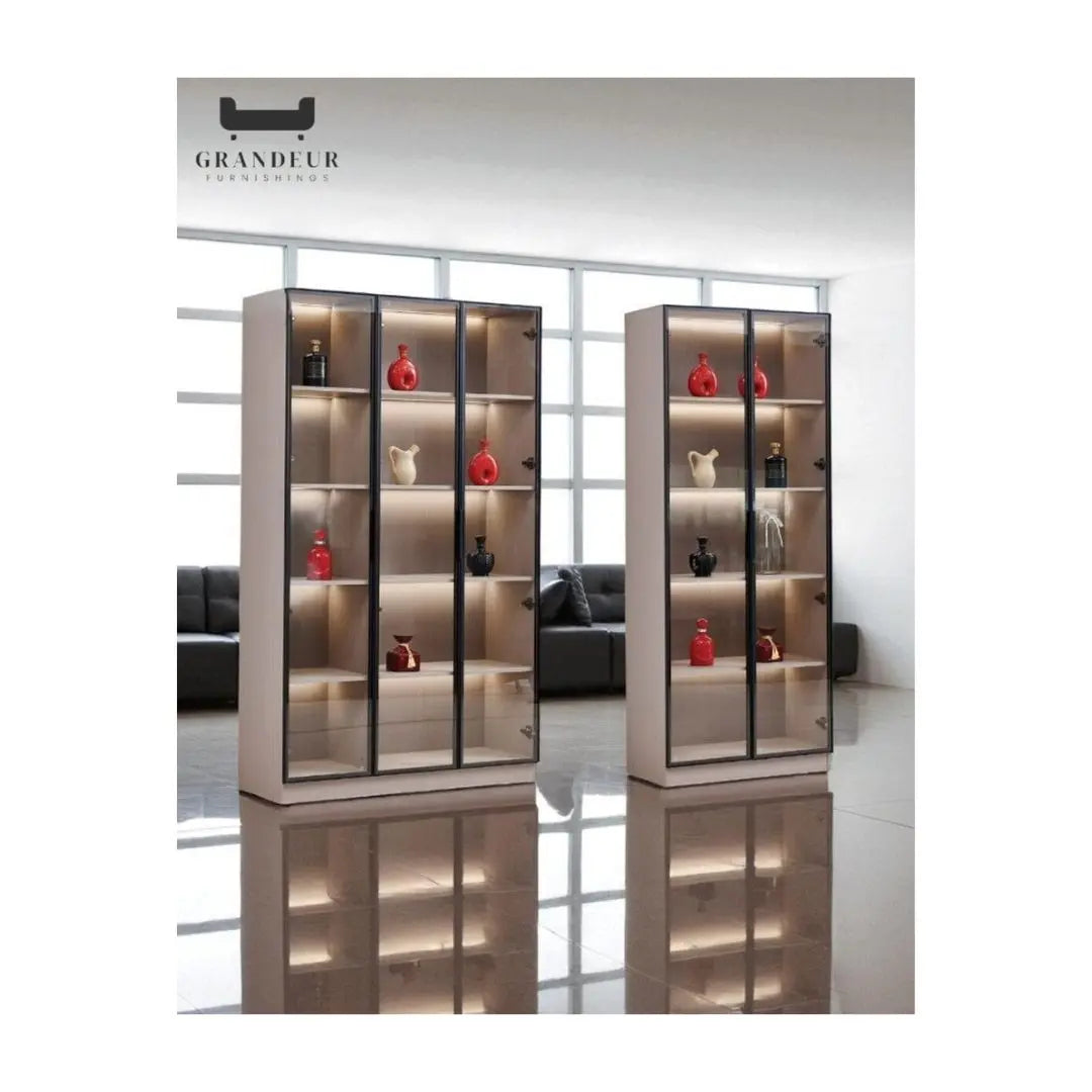 Contemporary Wood-Finish Glass Display Cabinet with LED Sensor Lighting Grandeur Furnishings