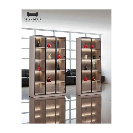 Contemporary Wood-Finish Glass Display Cabinet with LED Sensor Lighting Grandeur Furnishings