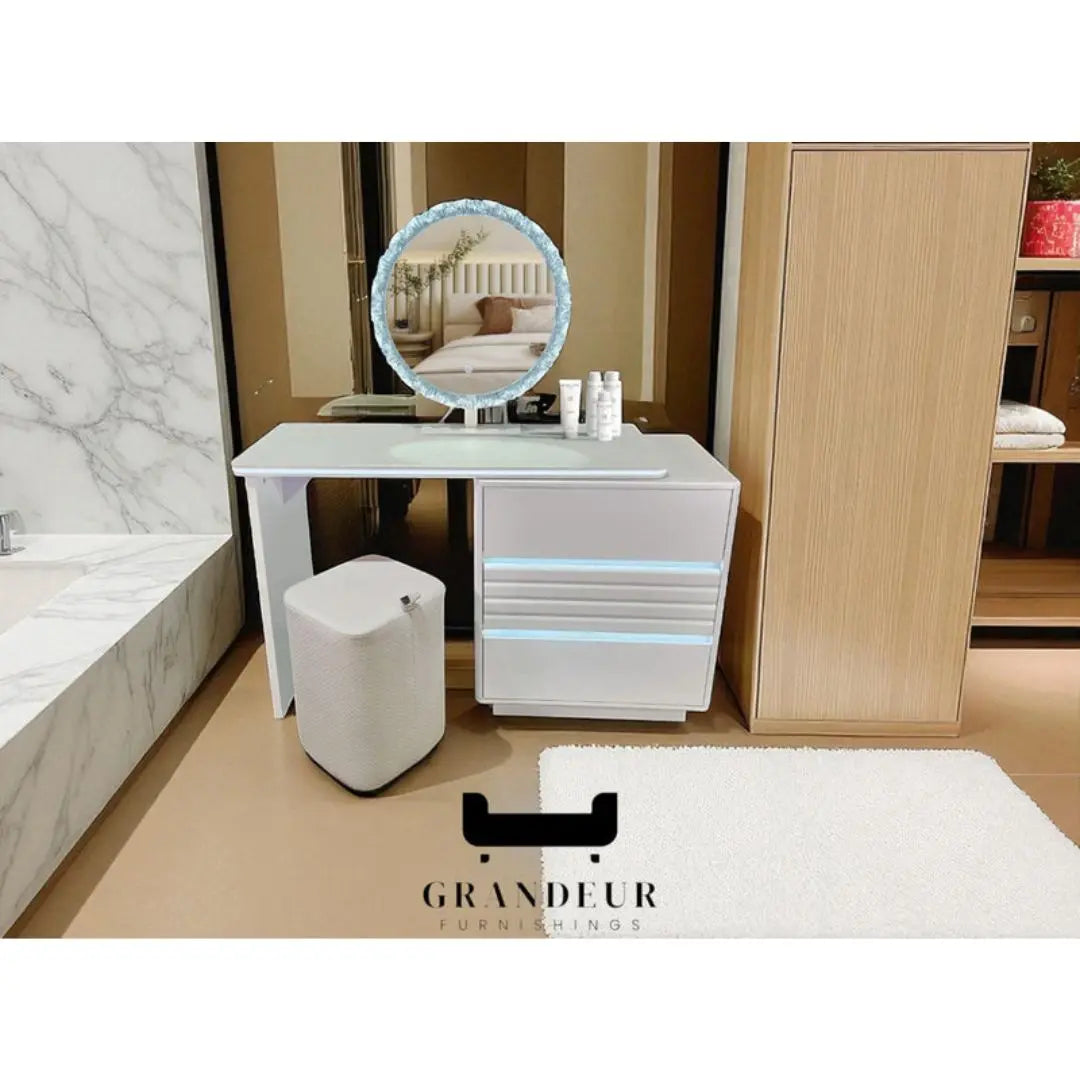 Vanity Table with LED Mirror and Sleek White Finish Dressing Table Set Grandeur Furnishings