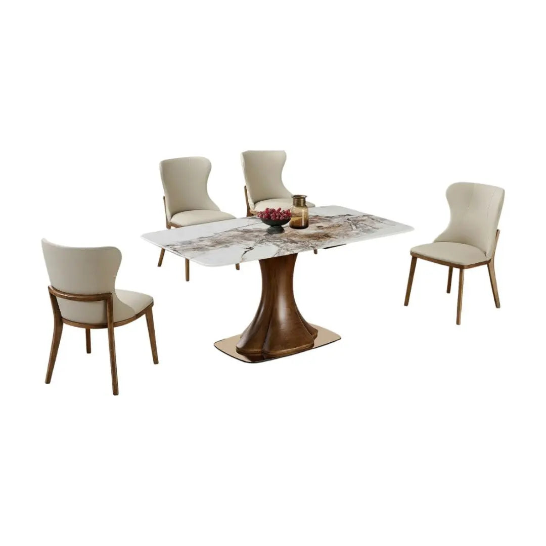 Luxurious Marble Dining Table Set with Ash Wood Base & Elegant Pet Friendly Leather Chairs 1+4 Grandeur Furnishings