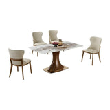 White and brown stone-patterned dining table with sculpted wood base and cream chairs