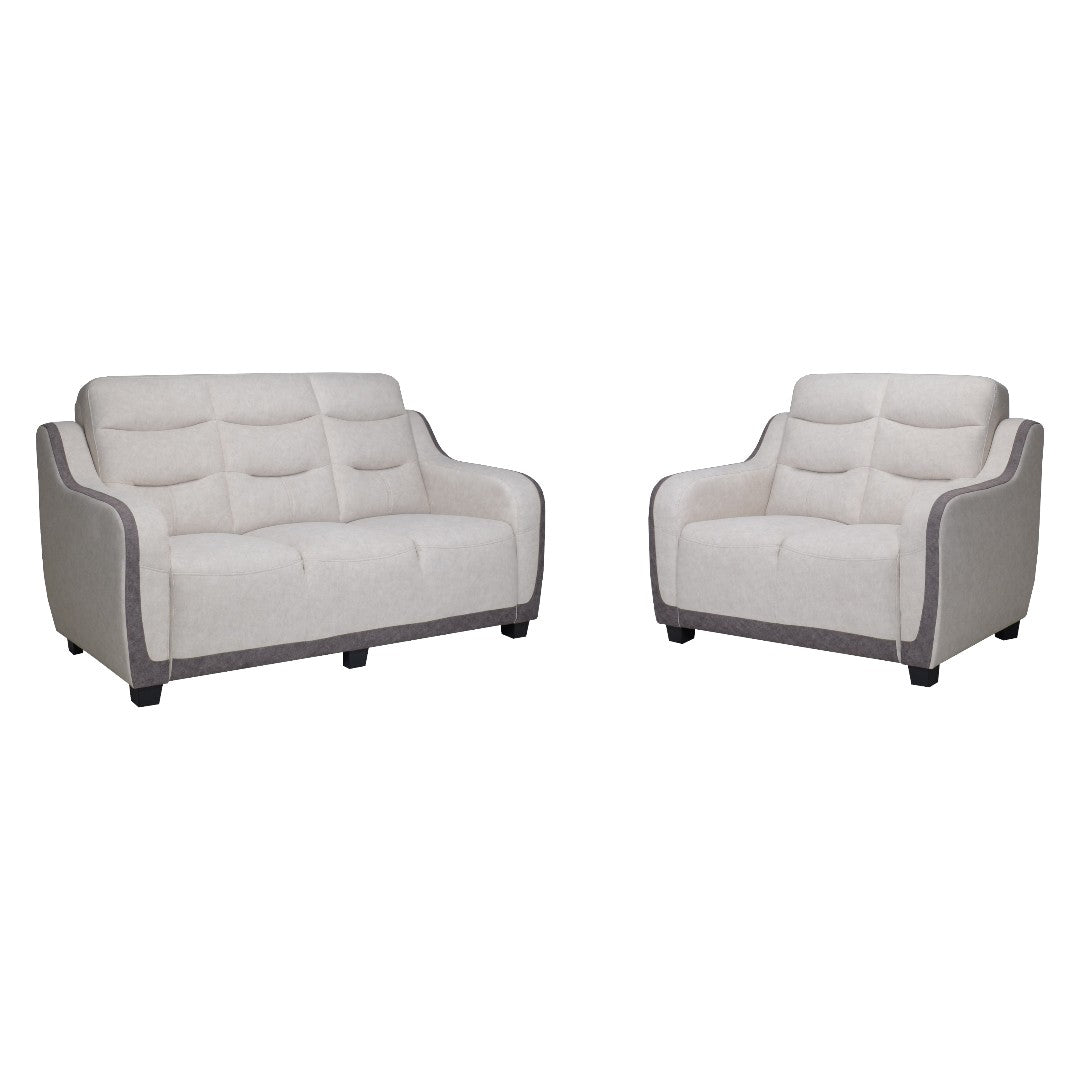 Beige Lusso sofa and armchair with contrasting dark sides