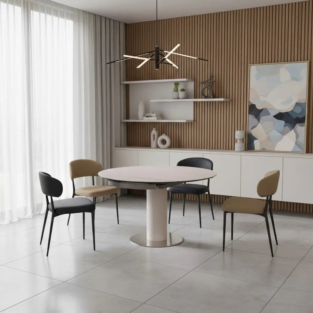 Modern Round Extendable Sintered Stone Top Dining Table Set with Sleek Chairs 1+6 Grandeur Furnishings