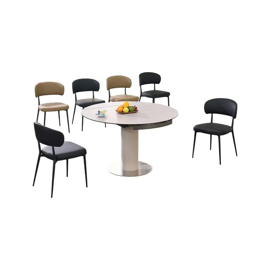 Modern Round Extendable Sintered Stone Top Dining Table Set with Sleek Chairs 1+6 Grandeur Furnishings