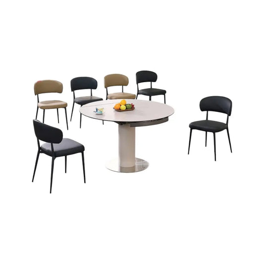 Modern Round Extendable Sintered Stone Top Dining Table Set with Sleek Chairs 1+6 Grandeur Furnishings