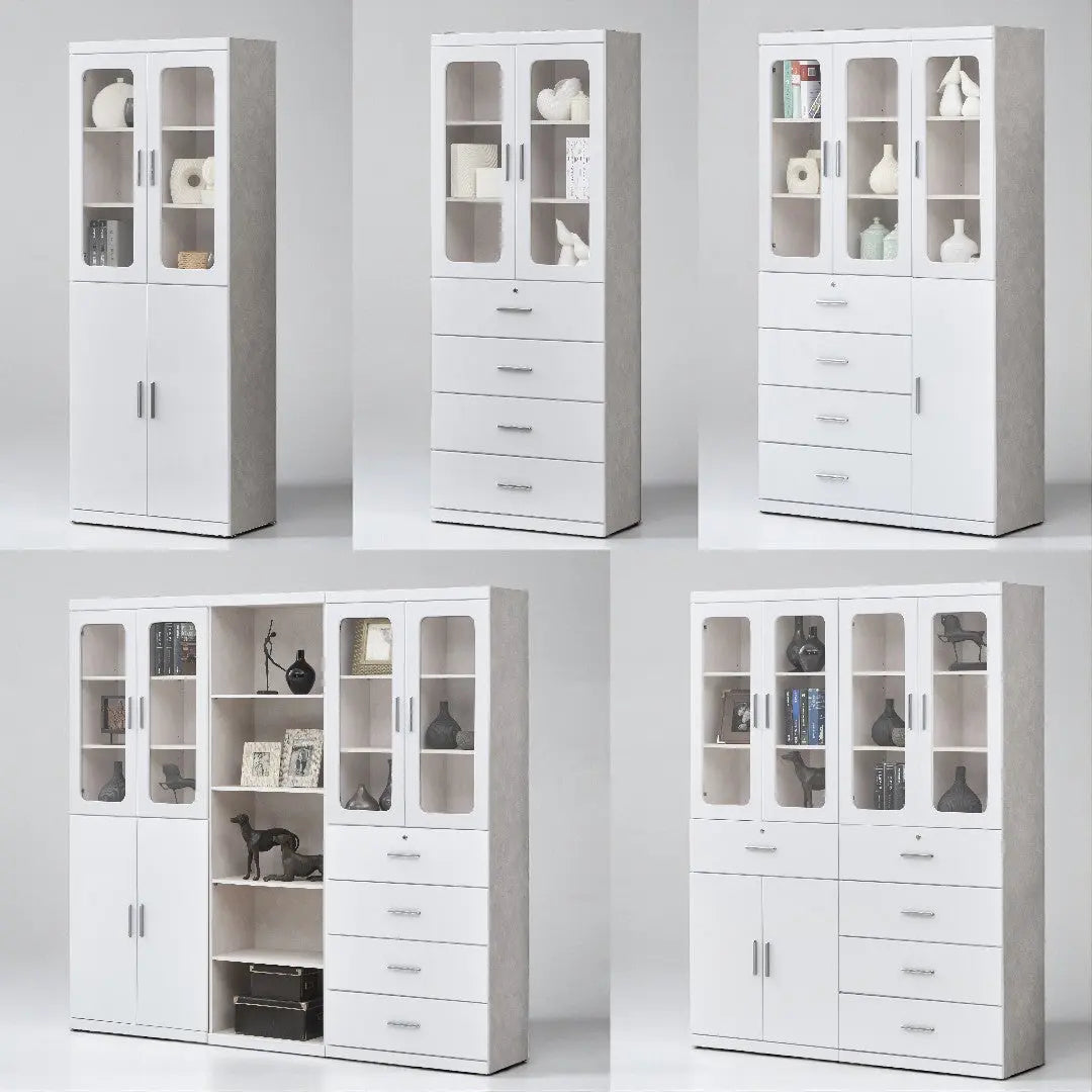 Multi-Storage Book Cabinet with Glass Doors & Drawers – White Finish Grandeur Furnishings