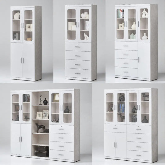 Multi-Storage Book Cabinet with Glass Doors & Drawers – White Finish Grandeur Furnishings