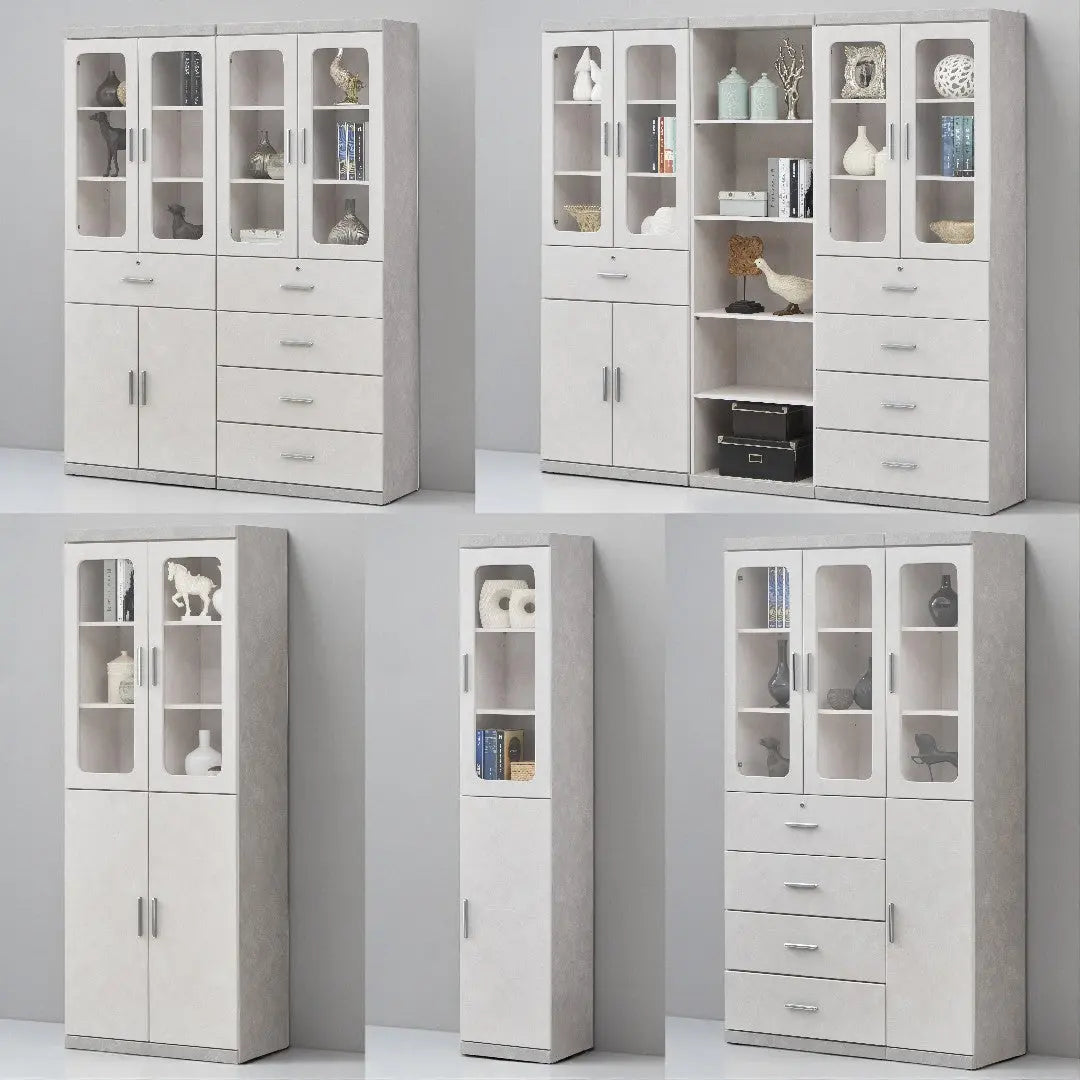 Elegant Light Grey Bookcase Display Cabinet with Glass Doors, Drawers & Shelves Grandeur Furnishings