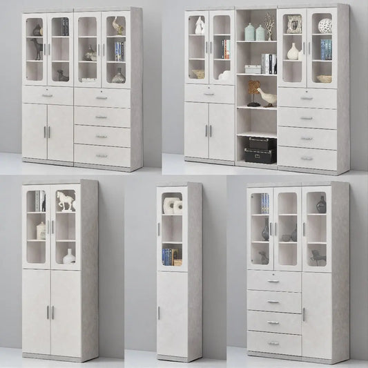 Elegant Light Grey Bookcase Display Cabinet with Glass Doors, Drawers & Shelves Grandeur Furnishings