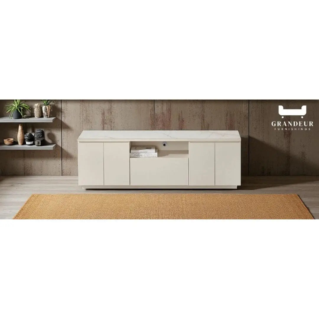 Gloss White TV Console with Sintered Stone Top – Available in 1600mm & 1800mm Grandeur Furnishings
