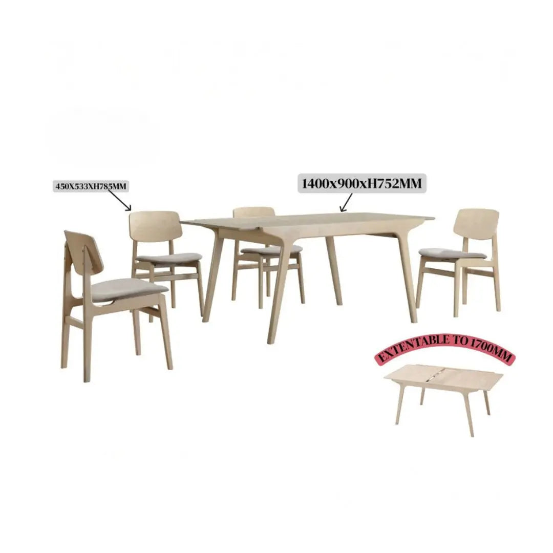 Nordic Wooden Extendable Dining Table With Solid Wood Legs 1+4 Chairs Grandeur Furnishings