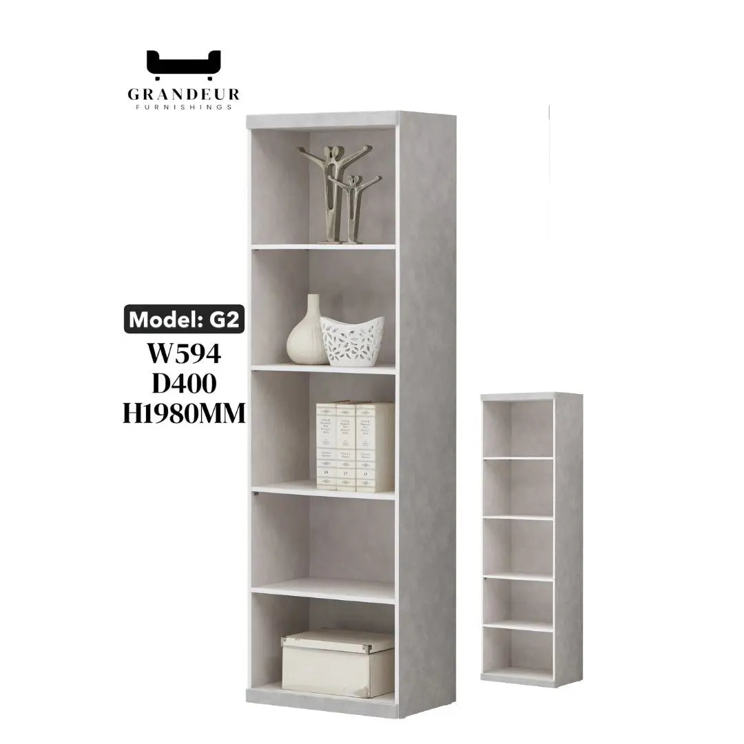 Elegant Light Grey Bookcase Display Cabinet with Glass Doors, Drawers & Shelves Grandeur Furnishings