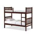 Dark brown wooden bunk bed with side ladder and bedding