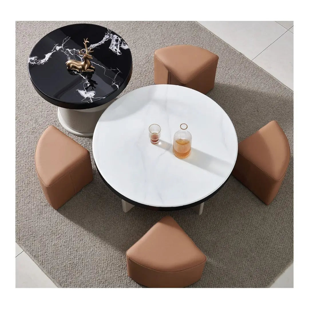 Modern Microcrystalline Stone Coffee Table with 4 Stools Grandeur Furnishings