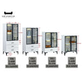 Black-framed glass display cabinets with size information
