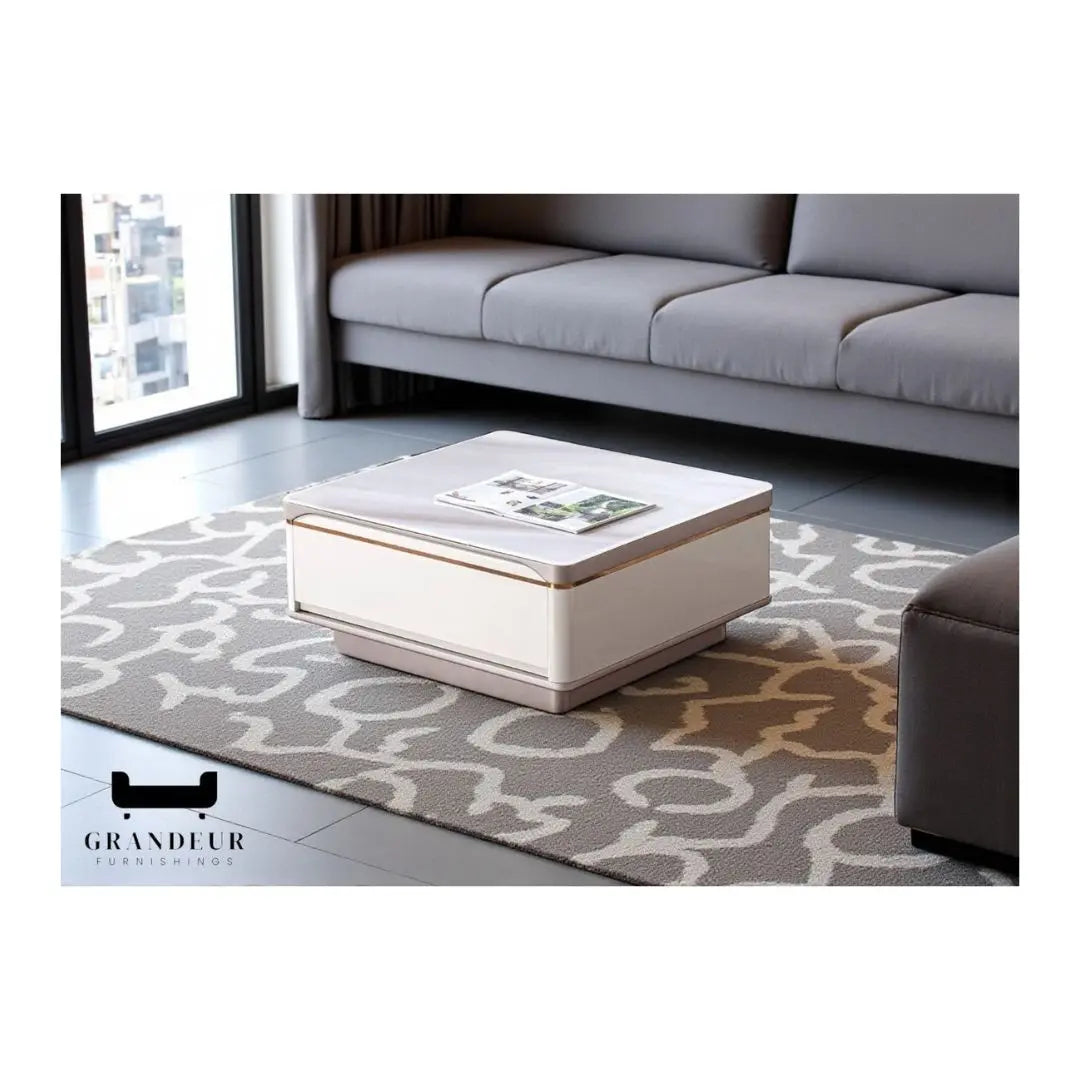 Elegant Microcrystalline Glass Coffee Table with Glossy White & Khaki Grey Finish Grandeur Furnishings