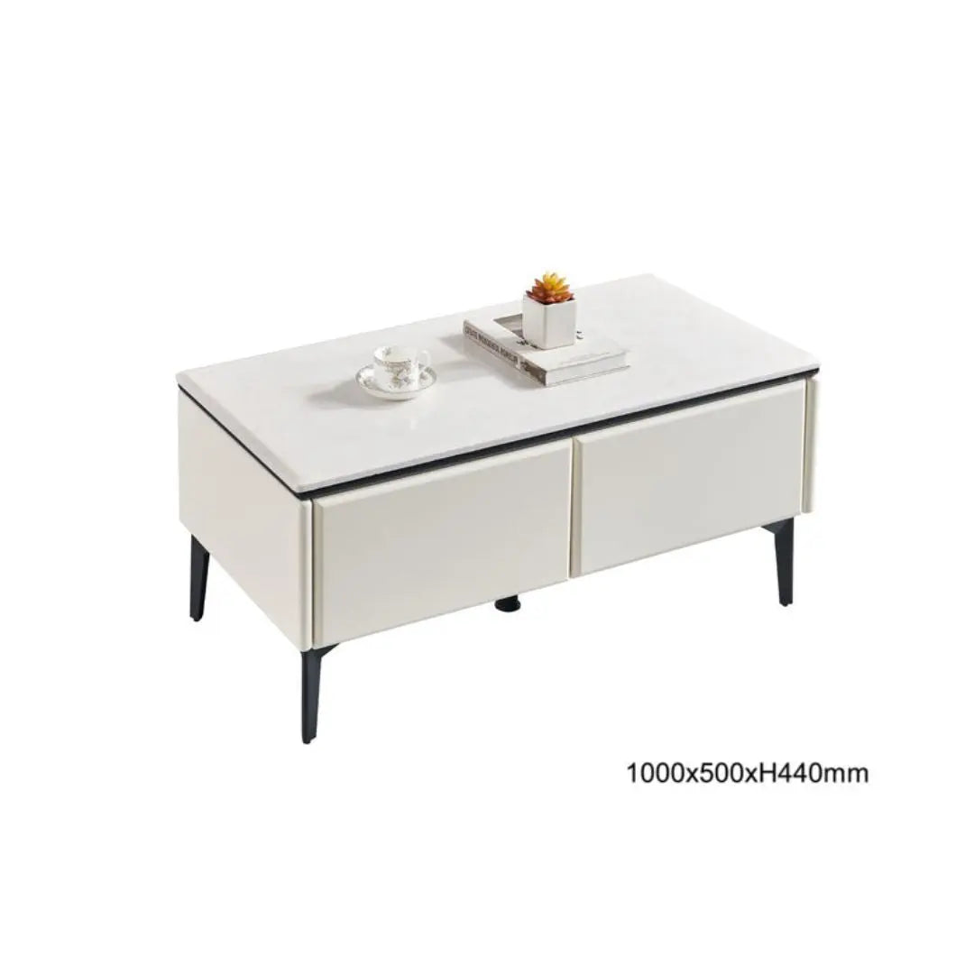 Stylish White Coffee Table with Storage Drawers and Sleek Black Legs Grandeur Furnishings
